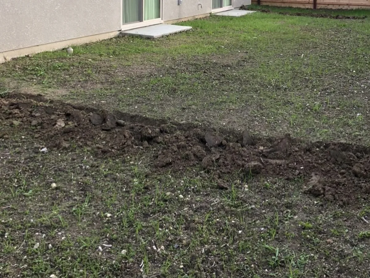 Grass backyard with the first cut of excavation opened along one edge